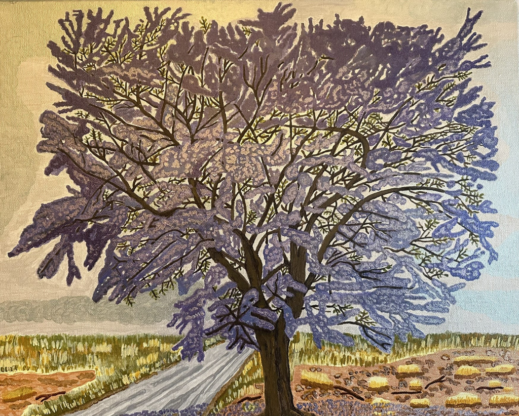 Acrylic jacaranda tree painting in the sun and glowing with pink and pale purple highlights.