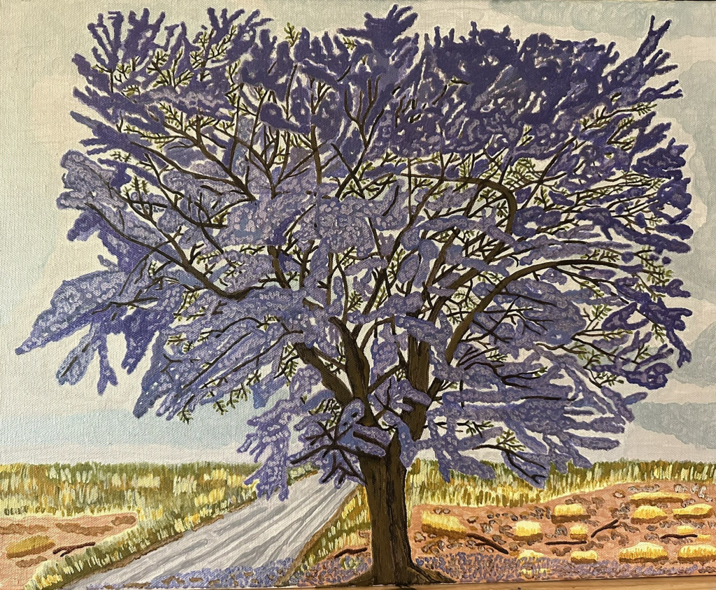 Acrylic jacaranda tree painting demonstrating lighter and darker shares of purple with pinkish undertones.