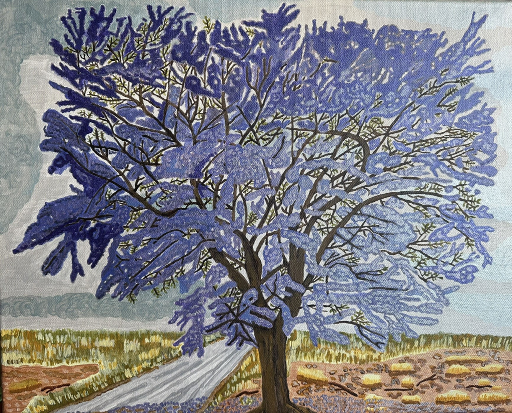 Acrylic jacaranda tree showing shares of white and very pale purple amid the darker purples.