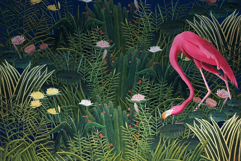 Henri Rousseau painting featuring a bright pink flamingo with its long neck angled down to the ground. The bird is in a lovely garden filled with flowers. 