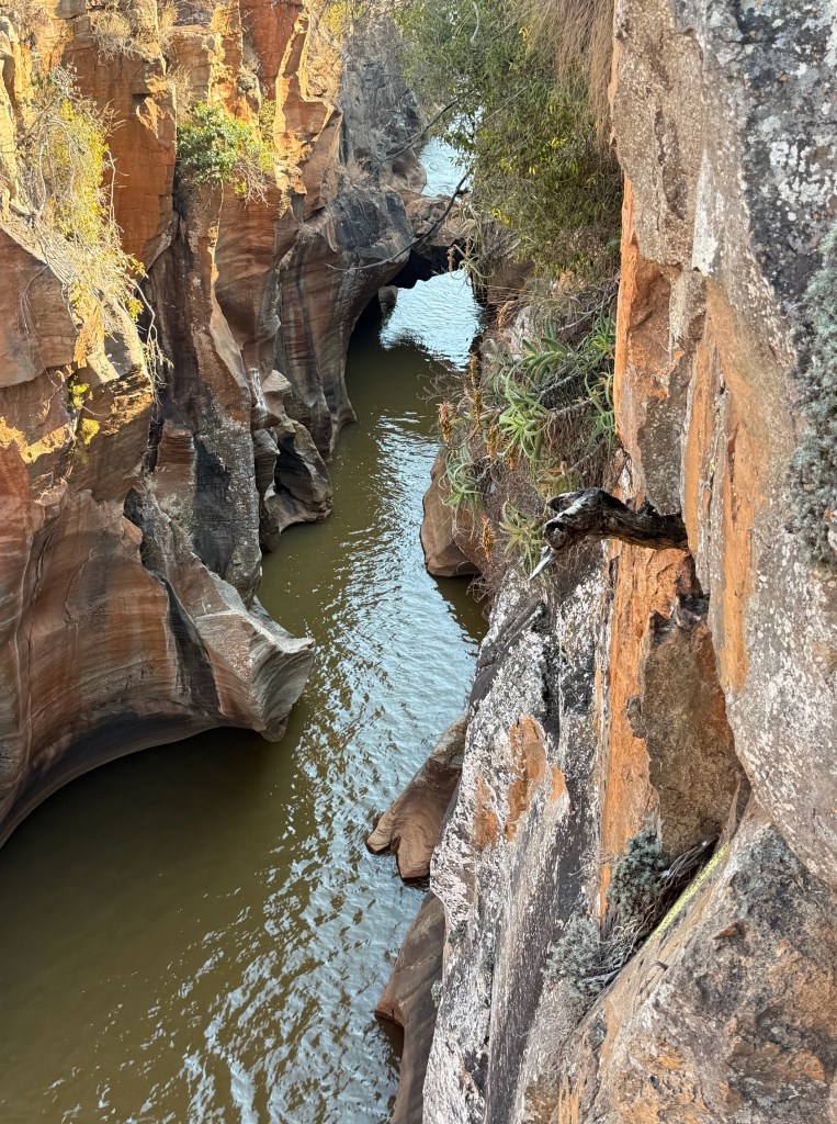 River running through the gorge. The rocky facings on the left are bathed in golden light.