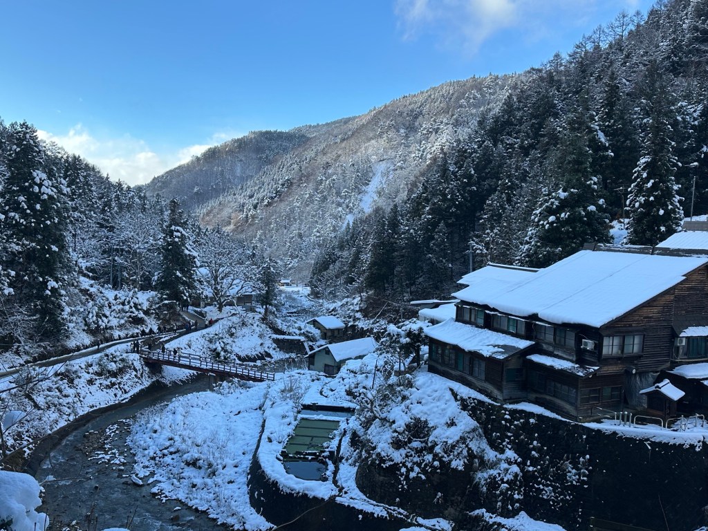 A mountain village on a snowy winter's day with white snow on the wooden roofs. 