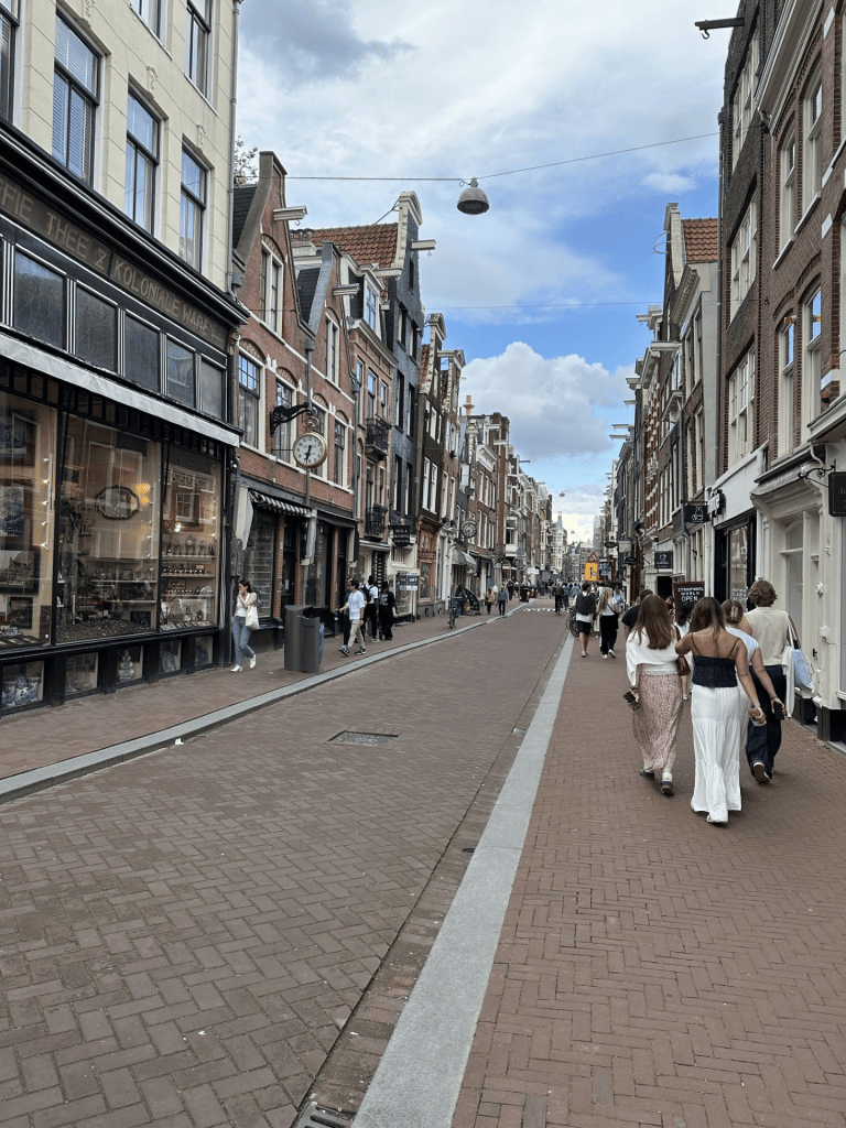 
A street lined with shops in Amsterdam